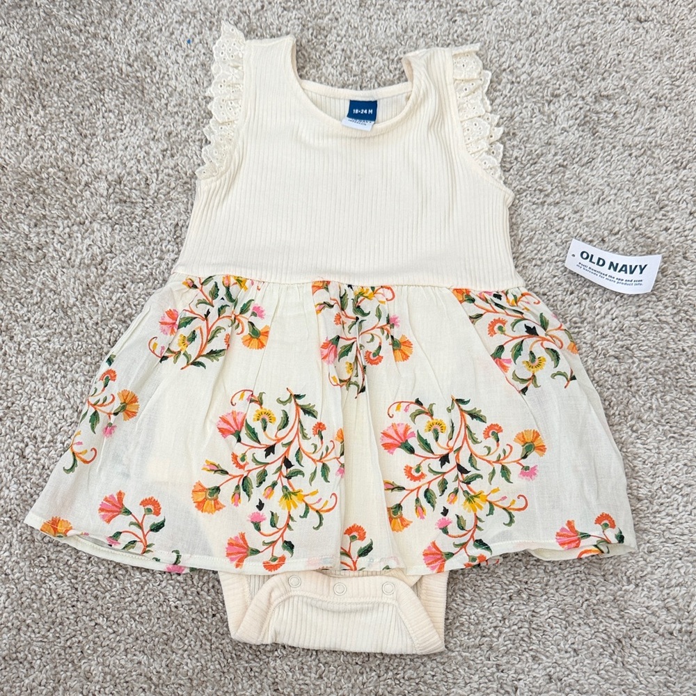 Old Navy Cream Floral Ribbed Baby Dress Onesie